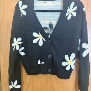 SO Black Cardigan with White Floral Design